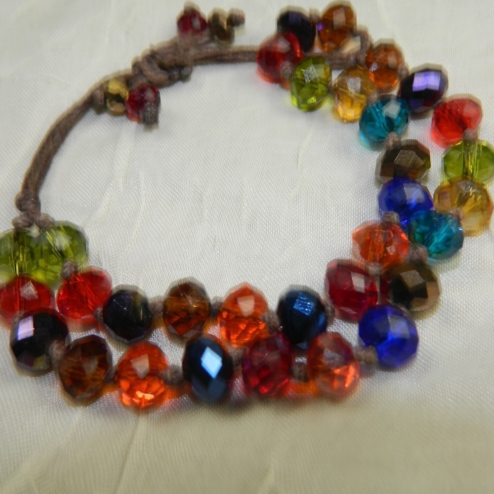 Multicolor Faceted Crystal Rondelle Bracelet Waxed Cord Boho Festival Jewelry